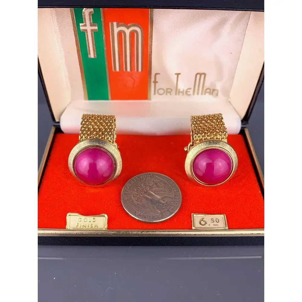 Pink Cabochon Gold Plated Cufflinks Chain Wrap Mid Century Foster Vintage NOS